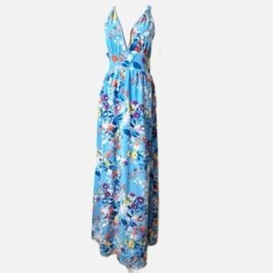 Yumi Kim Blue Plunge Neck Silk Maxi Sundress Size Small